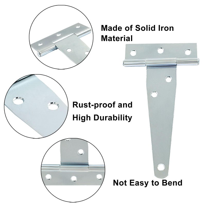 Murtenze 6Pack 4 Inch Silver T-Strap Shed Hinge,Barn Door Hinges Heavy Duty Gate Strap Hinge T Hinges for Barn Door, Shed or Wooden Fences - Image 3
